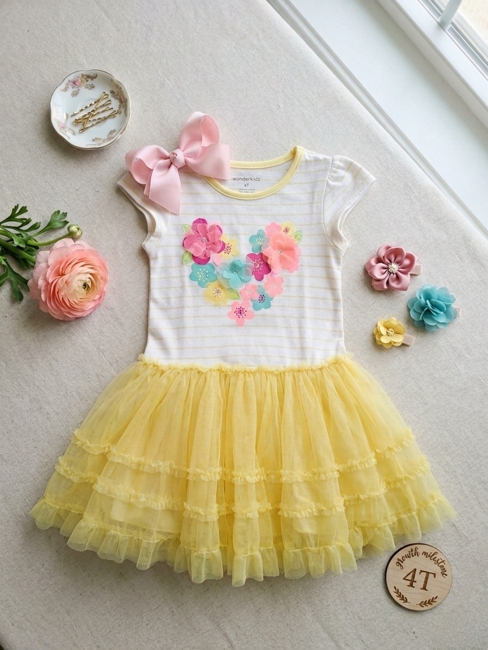 Wonderkids Yellow Floral Heart Tulle Skirt Dress with Multicolor Appliqué